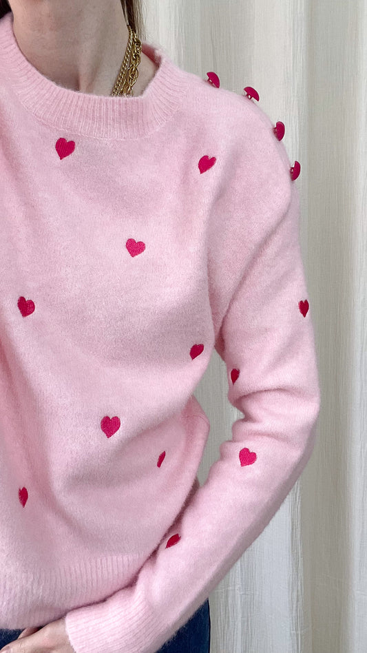 Pull Manon - Pull rose avec coeurs rouges