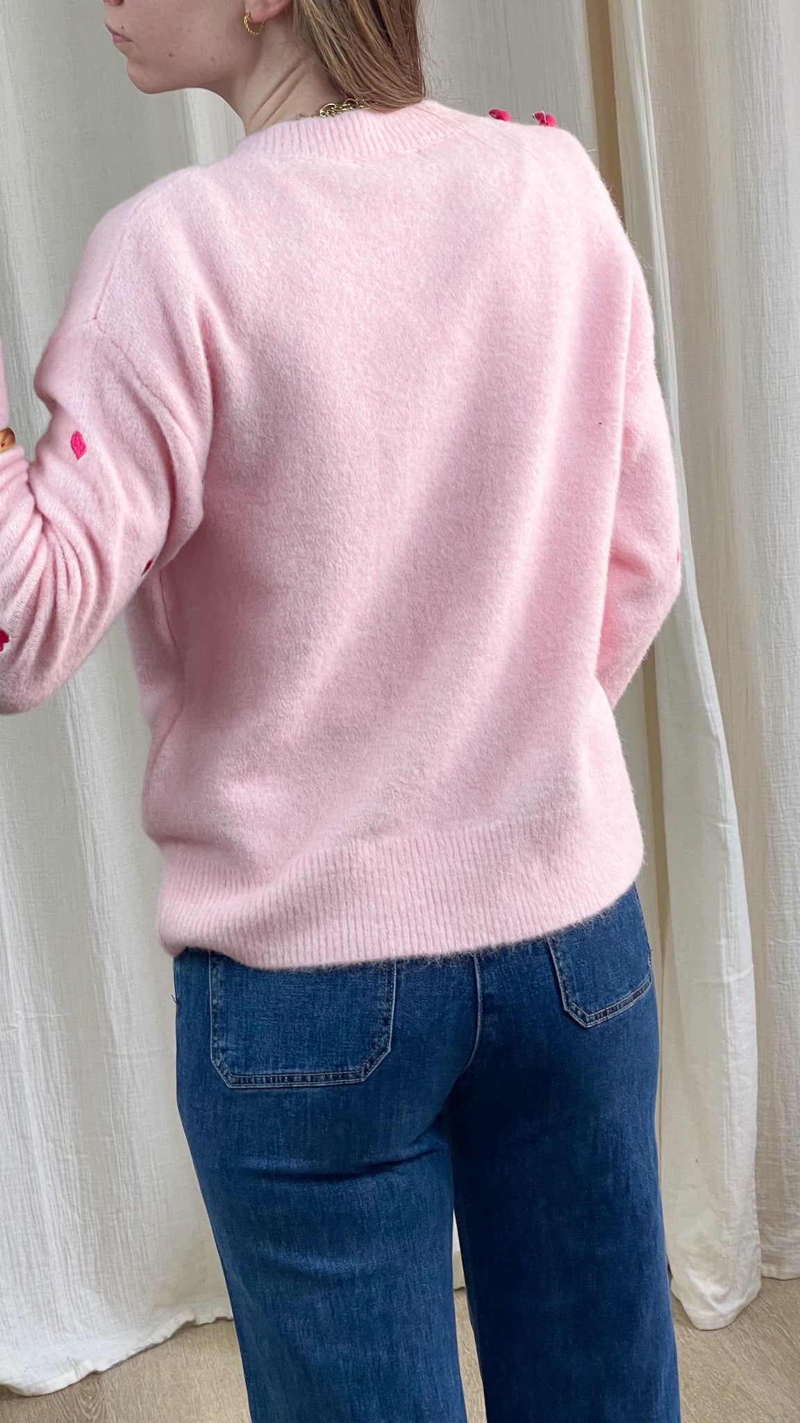 Pull Manon - Pull rose avec coeurs rouges