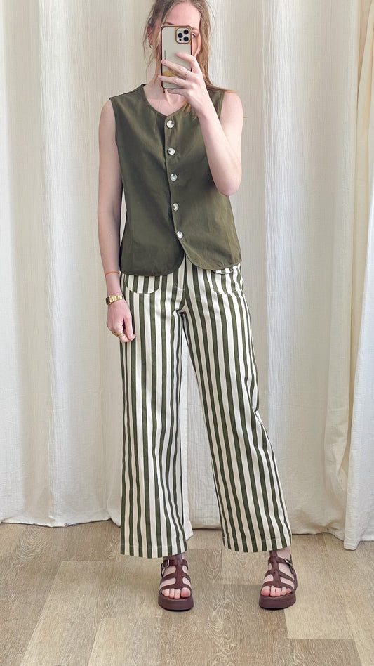 Pantalon Adèle – Pantalon rayé vert et écru coupe droite