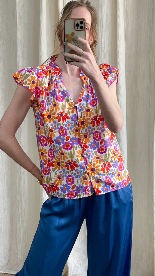 Blouse Mélanie à volants imprimé floral multicolore orange violet rose manches courtes femme style bohème été
