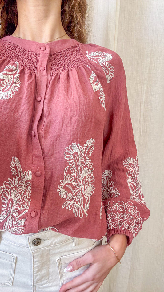 Blouse Clarisse - Blouse brodée femme rose style bohème