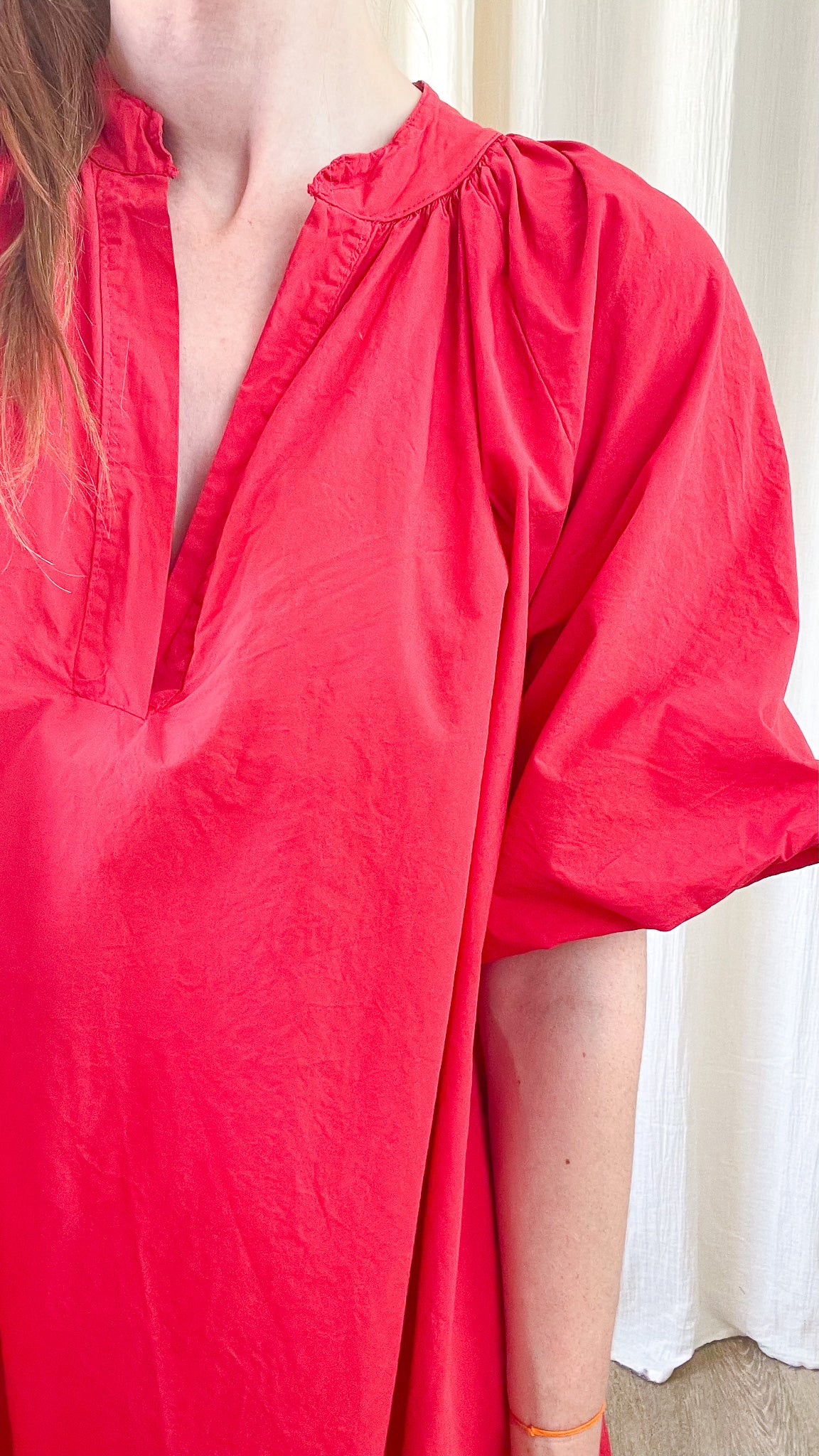 Robe Emma rouge ample manches bouffantes col V femme, robe fluide coton été tendance