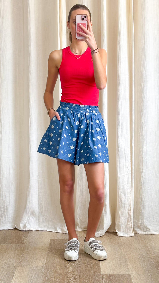 Short Assia - Short bleu imprimé taille haute fluide été