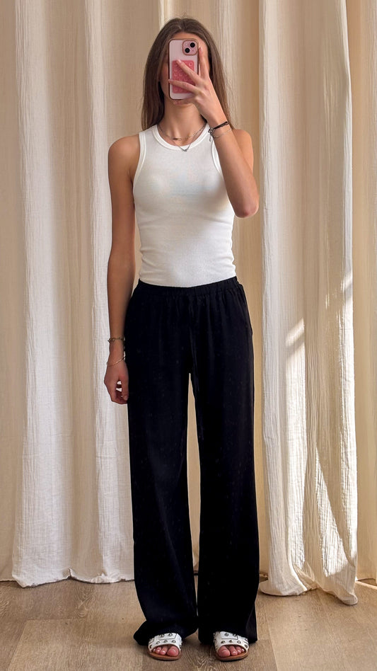 Pantalon Maya – Pantalon large noir fluide à taille élastiquée