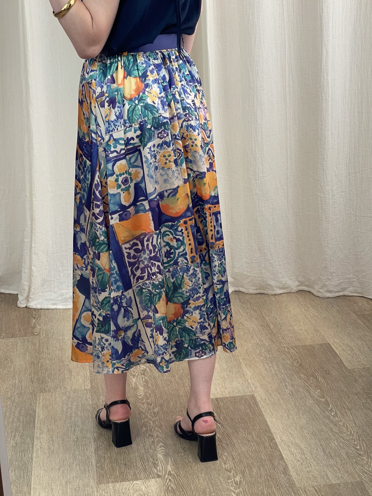 Jupe midi fluide imprimé carreaux méditerranéens bleu orange femme taille élastique style bohème chic été
