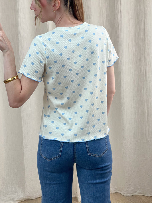 T-shirt blanc imprimé coeurs bleus manches courtes femme, coupe droite style casual chic