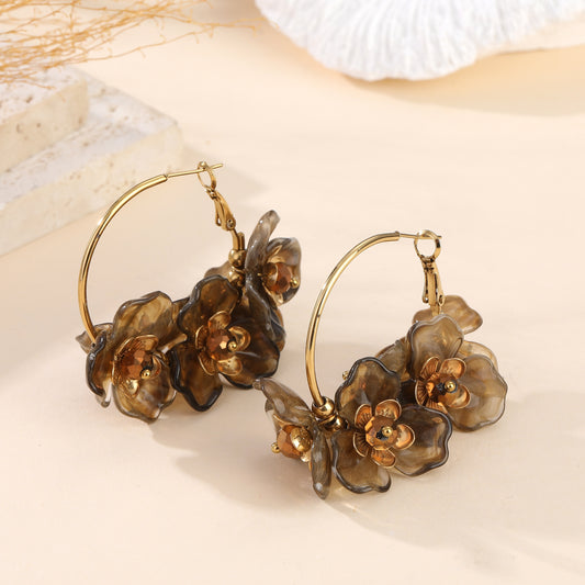 Boucles d'oreilles créoles dorées fleurs acétate marron ambre bijou bohème chic femme