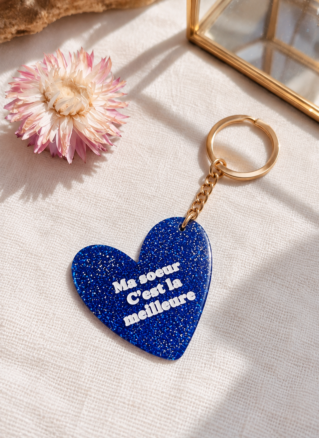 Porte-clé coeur paillettes bleu en résine avec inscription Ma soeur c'est la meilleure idée cadeau soeur