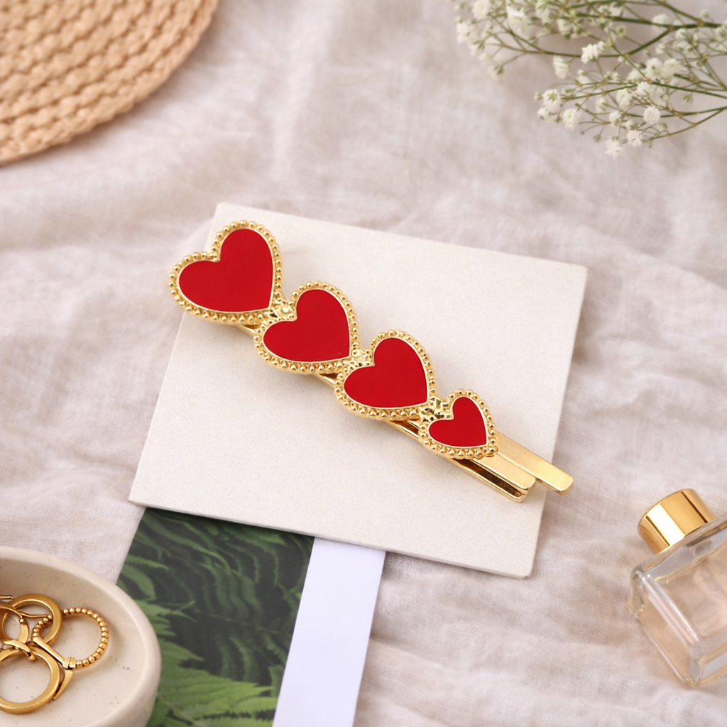 Barrette cheveux dorée avec cœurs rouges émaillés
