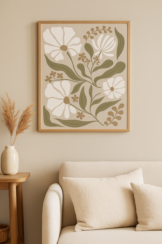 Tableau déco Esmée toile imprimée fleurs bohème tons beige vert olive cadre bois naturel 40x50 cm décoration murale scandinav