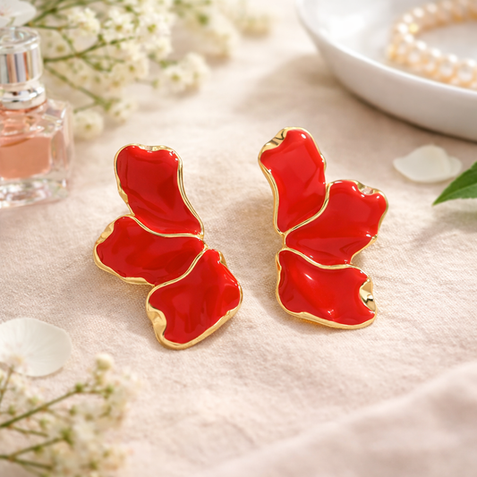 Boucles d’oreilles fleur rouge brillante contour doré – bijou fantaisie femme
