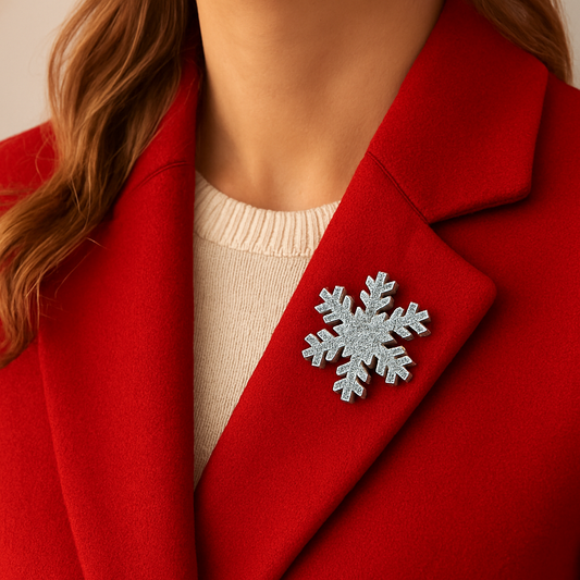 broche flocon porté sur manteau rouge