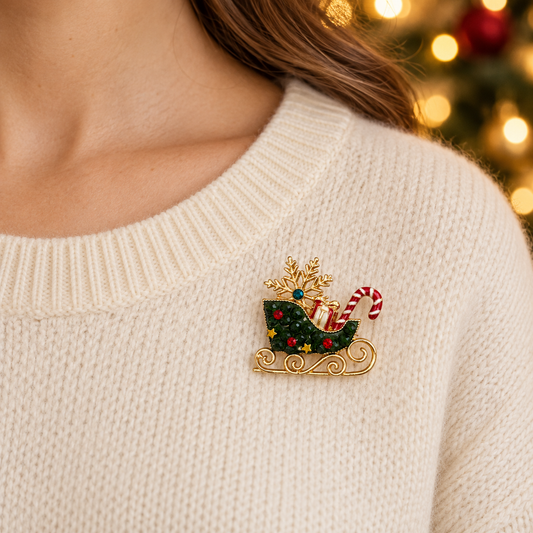 Broche traineau Père Noël dorée avec sapin vert, canne à sucre et flocon, accessoire bijou fantaisie fêtes femme