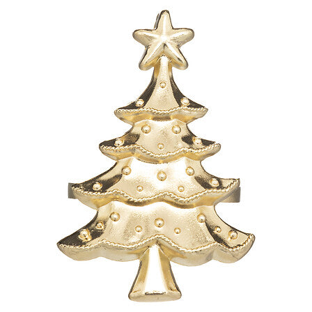 Rond de serviette sapin de Noël doré avec étoile et détails perlés, décoration table fêtes élégante