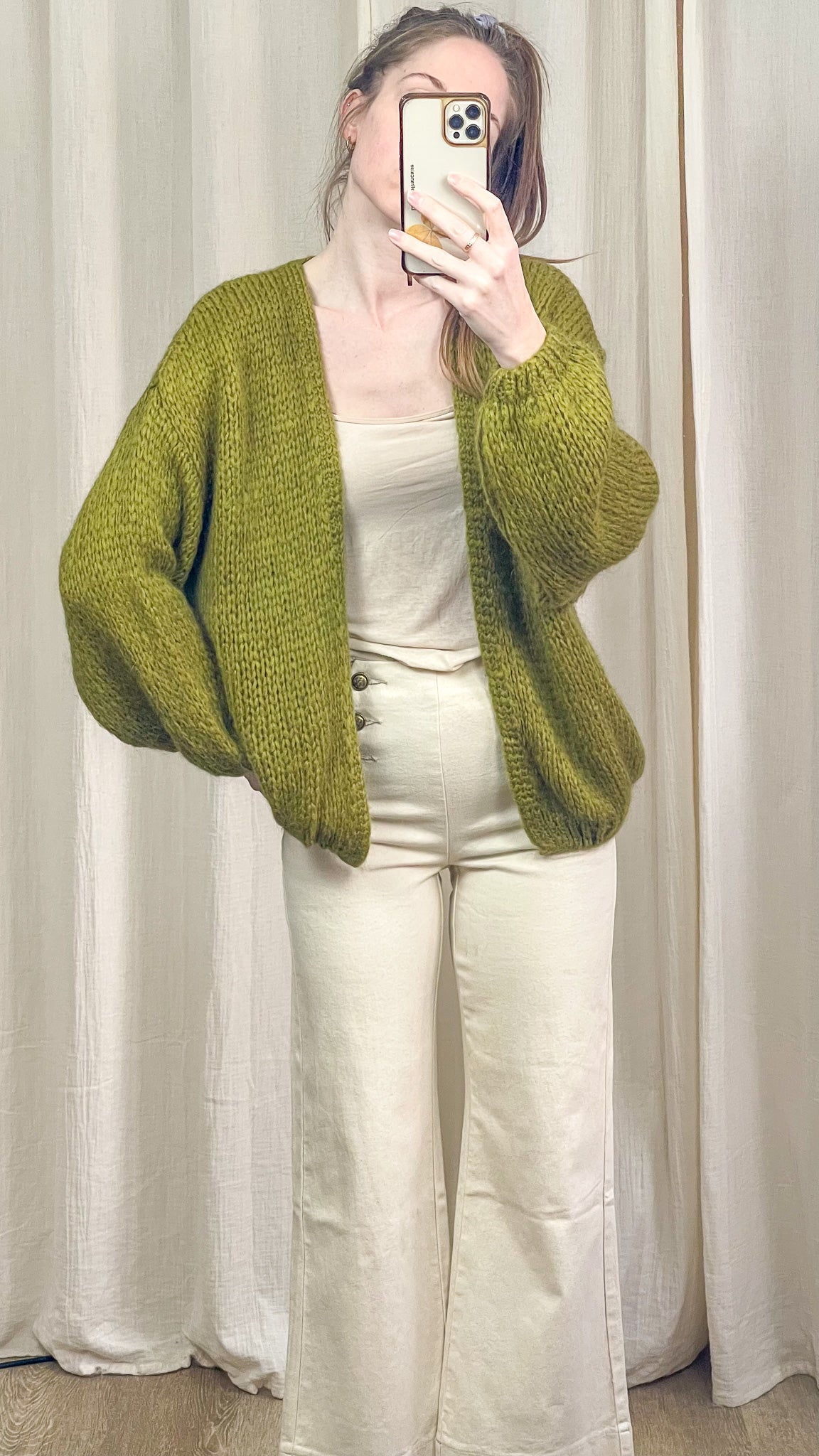 Gilet femme vert en maille épaisse oversize ouvert manches longues