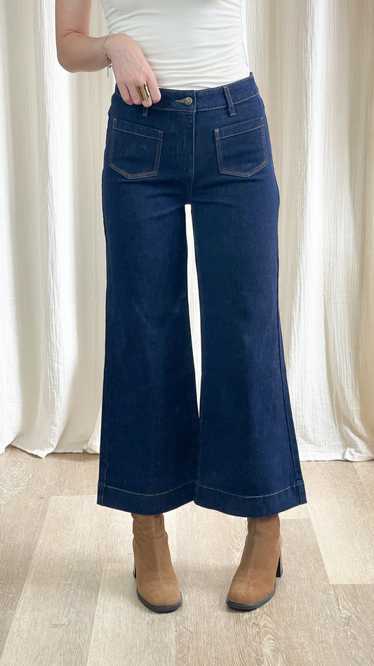 Jean Gasparette Oraije coupe wide taille haute, denim bleu, porté de face