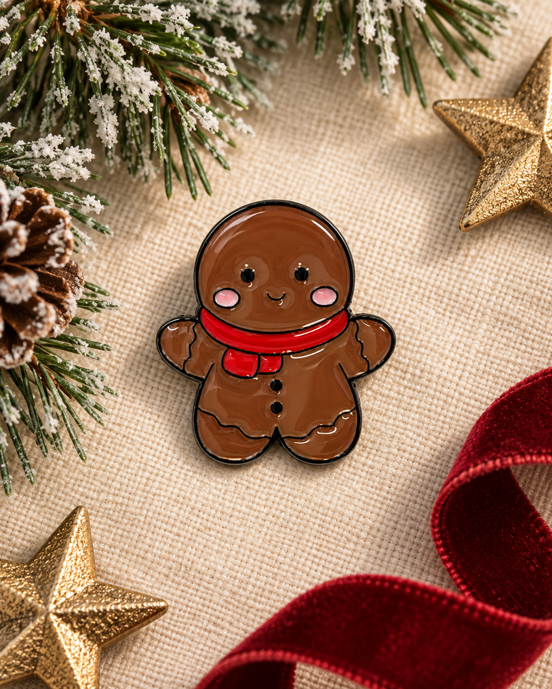 Pin's émaillé pain d'épice kawaii avec écharpe rouge, accessoire bijou fantaisie Noël pour veste ou sac femme