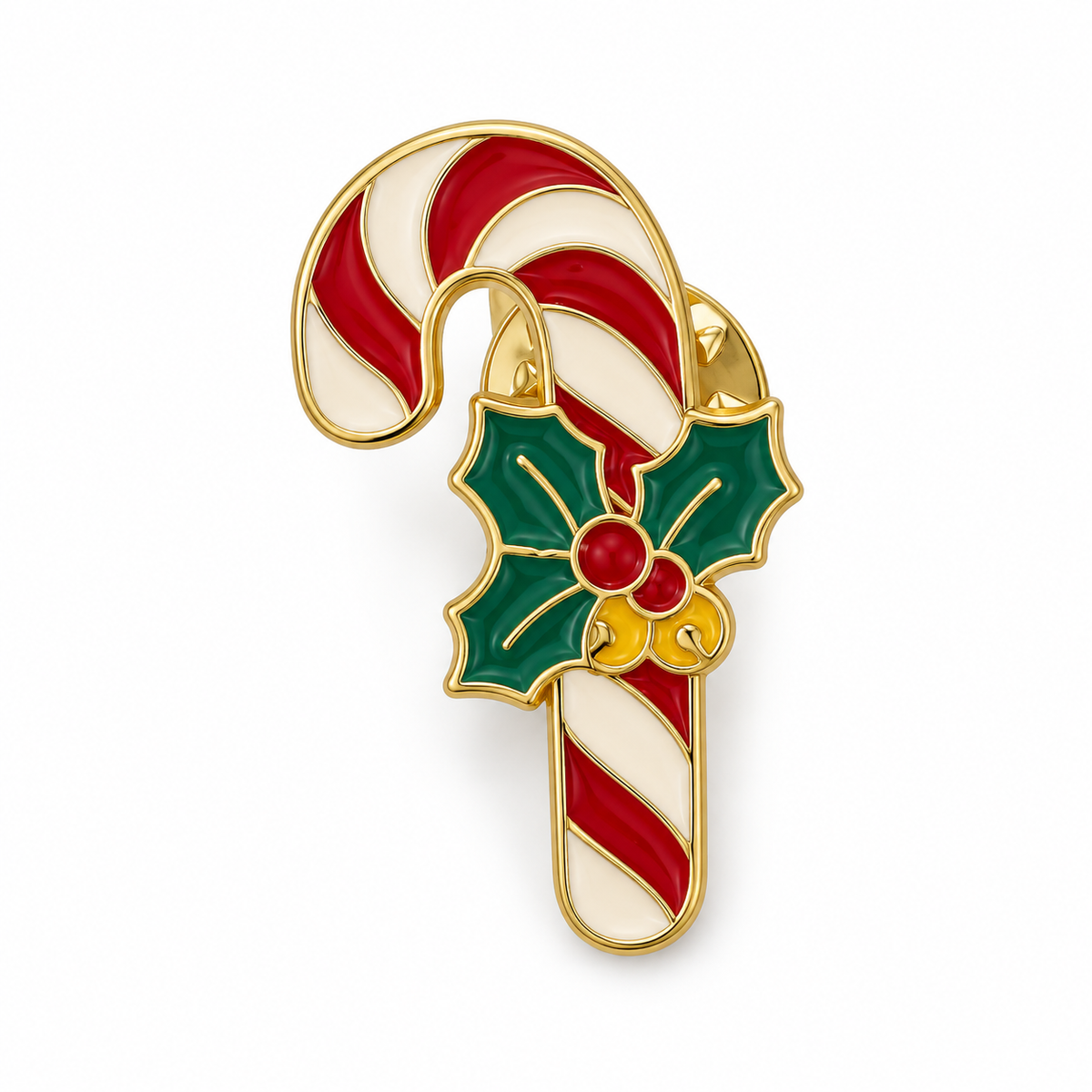 Pin's sucre d'orge de Noël émaillé rouge blanc et vert avec houx doré accessoire festif bijou fantaisie fêtes