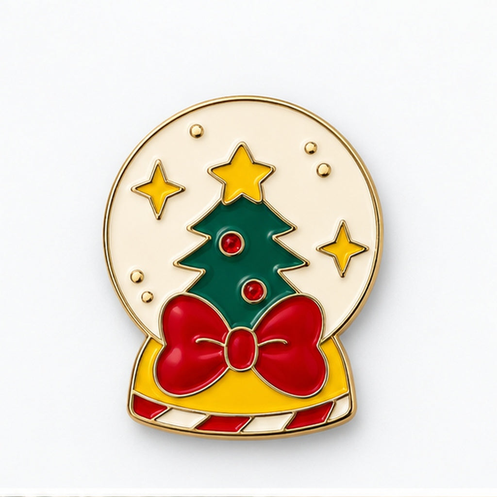 Pin's boule à neige sapin de Noël rouge vert doré avec nœud et étoiles accessoire fantaisie fêtes femme