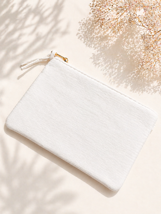 Dos de la pochette en gaze de coton blanc uni avec fermeture éclair dorée et tirage tissu
