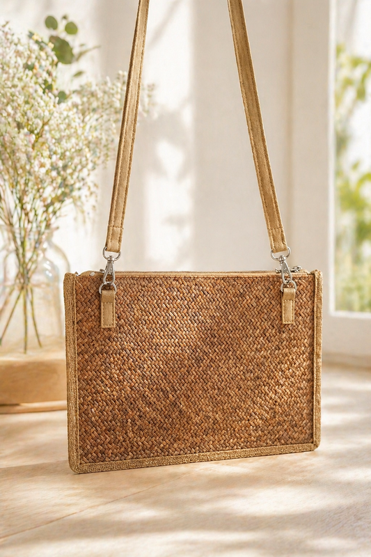 Dos pochette osier tressé naturel avec bandoulière amovible réglable