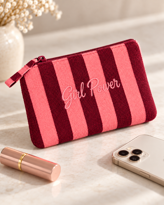 Pochette rayée rose et bordeaux effet éponge broderie Girl Power accessoire femme tendance