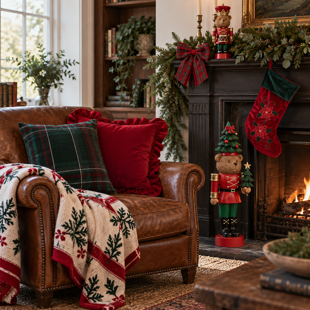 Salon de Noël chaleureux avec coussin tartan vert, coussin en velours rouge à volants, plaid tricot à motifs sapins, ours Casse-Noisette, botte en velours brodée poinsettia et nœud tartan sur la cheminée – décoration de la maison pour Noël Just for Dress