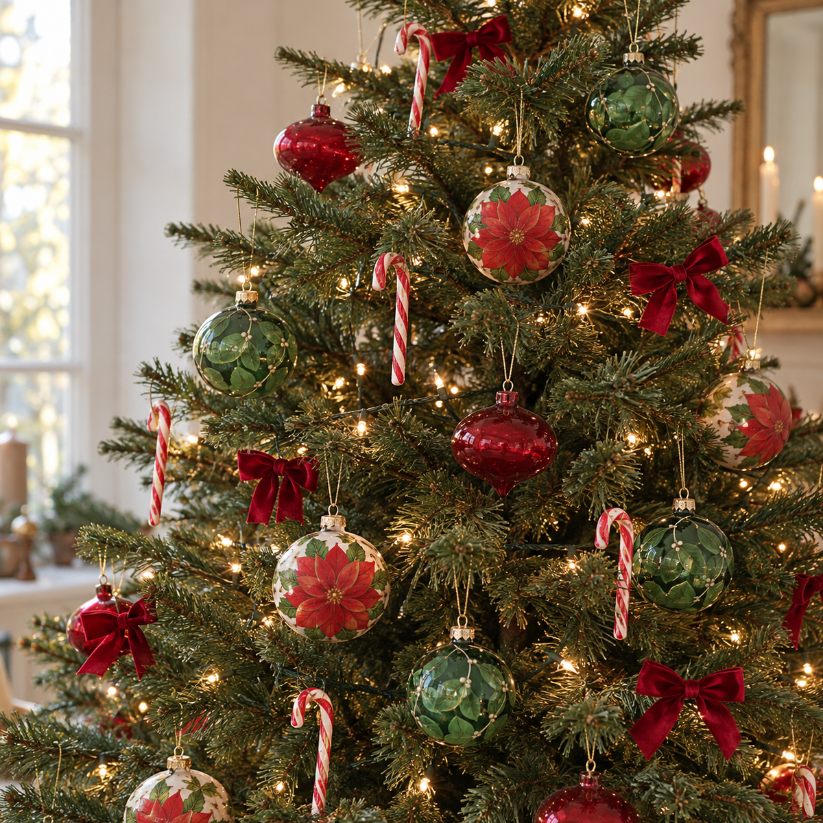 Sapin de Noël décoré de boules en verre Poinsettia, boules vertes à feuillage doré, boules gouttes rouges, nœuds en velours rouge et sucres d’orge – décoration sapin de Noël Just for Dress