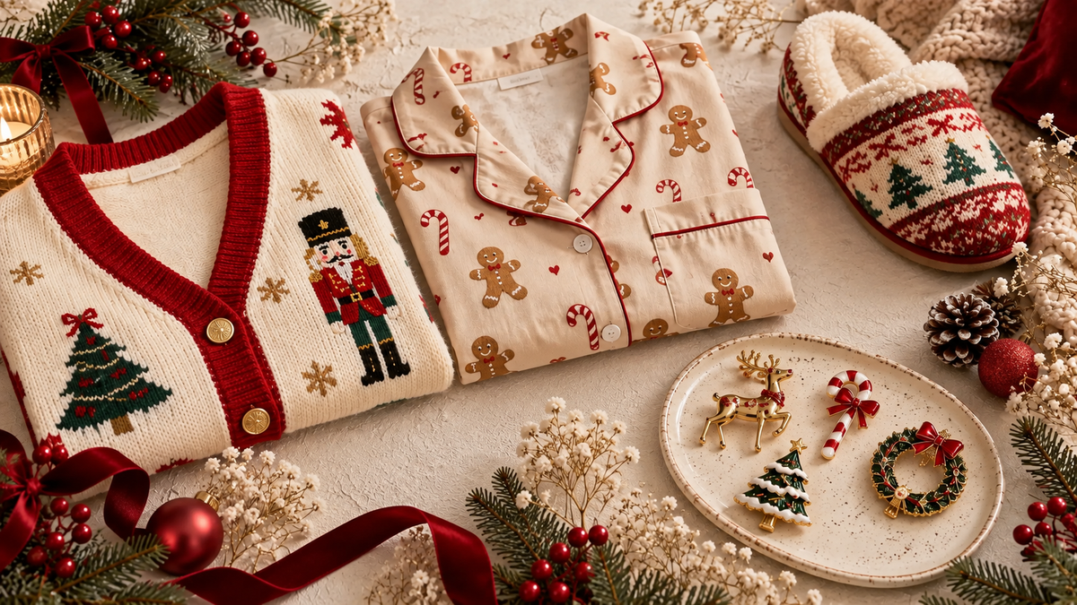 Dressing de Noël femme avec pull, pyjama et accessoires aux motifs de Noël