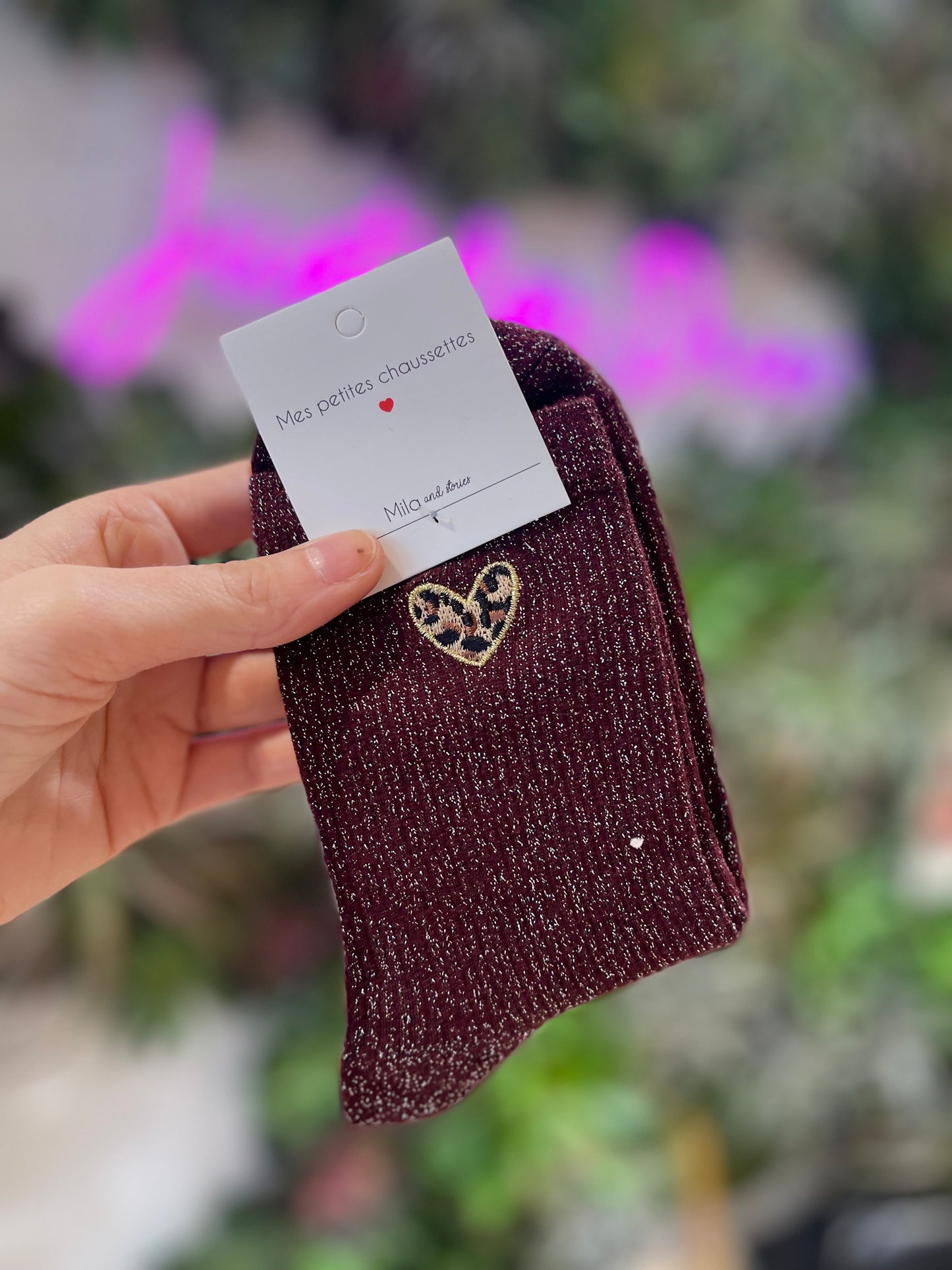 Chaussettes à paillettes – Motif cœur léopard