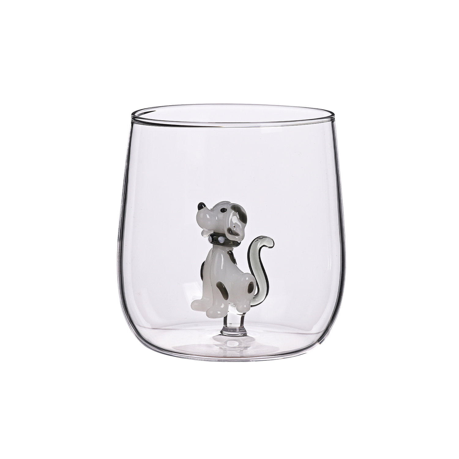 Verre transparent 3D avec figurine chien dalmatien gris et noir à l'intérieur, décoration originale maison
