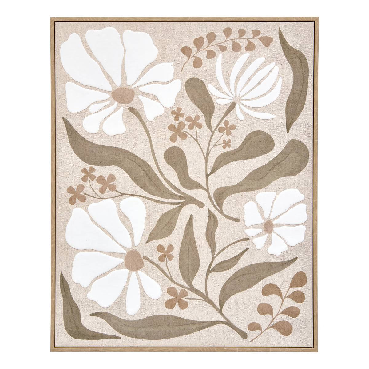 Tableau déco Esmée toile imprimée fleurs blanches et feuillages beige style bohème scandinave 40x50 cm cadre bois naturel