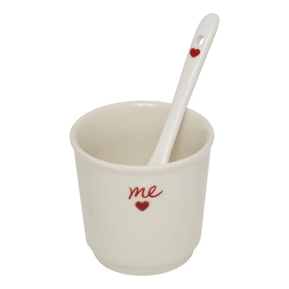 Tasse espresso blanche en céramique avec inscription "me" et cœur rouge, coffret déco romantique pour couple