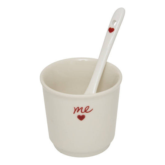 Tasse espresso blanche en céramique avec inscription "me" et cœur rouge, coffret déco romantique pour couple