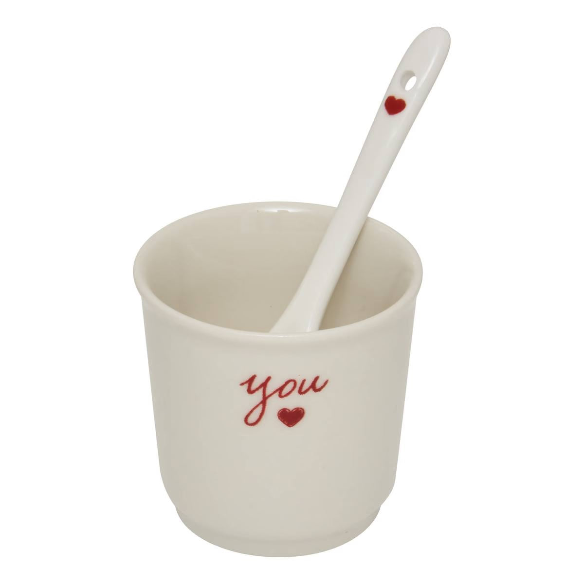 Tasse espresso blanche en céramique avec inscription "you" et cœur rouge, cuillère assortie, coffret déco romantique