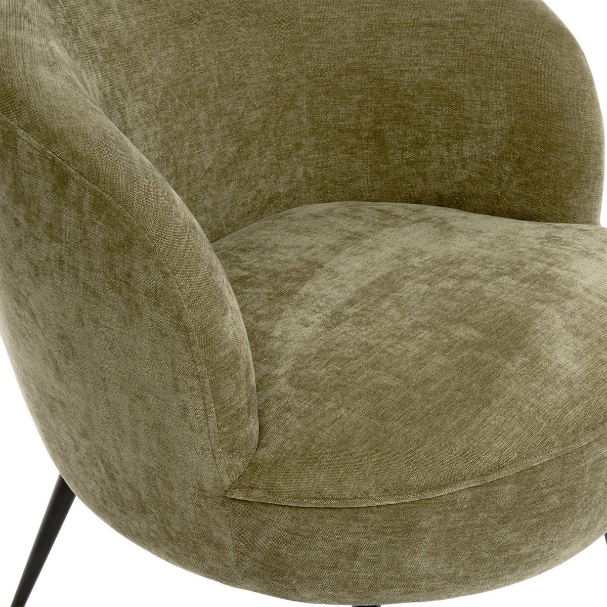 Fauteuil Tildae vert olive en velours côtelé forme arrondie pieds métal noir style scandinave moderne salon