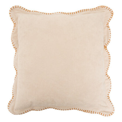 Coussin décoratif beige lin 40x40cm avec bordure festonnée et surpiqûres orange style bohème chic pour salon
