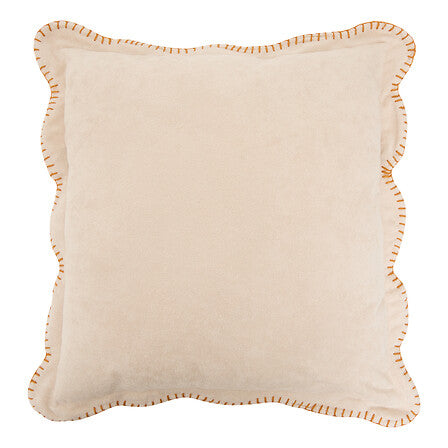 Coussin décoratif beige lin 40x40cm avec bordure festonnée et surpiqûres orange style bohème chic pour salon