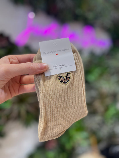 Chaussettes à paillettes – Motif cœur léopard