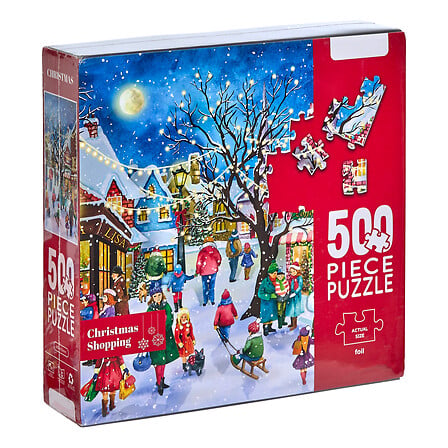 Puzzle de Noël 500 pièces scène village enneigé avec patineurs et marché de Noël illuminé 42x42 cm décoration festive