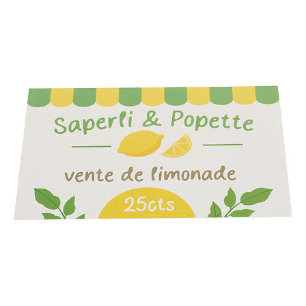 Pancarte stand limonade Saperli & Popette jaune et vert décoration lutin farceur scène Noël enfant