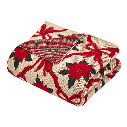 Plaid tricot 130x170 poinsettia rouge - Couverture déco Noël
