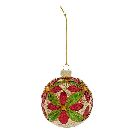 Boule de Noël en verre rouge et vert motif fleur poinsettia diam 8 cm décoration sapin festive