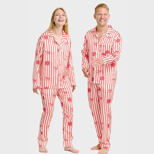 Pyjama satiné rayé rouge et blanc motifs nœuds et poinsettias - pyjama de Noël assorti couple mixte