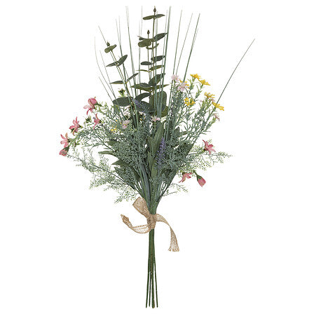 Bouquet Nayla H68 fleurs artificielles champêtres multicolores avec eucalyptus et graminées lien raphia naturel