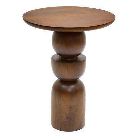 Table café totem Shelty en bois de manguier massif foncé avec base sculpturale à sphères empilées diam 38 cm