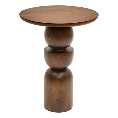 Table café totem Shelty en bois de manguier massif foncé avec base sculpturale à sphères empilées diam 38 cm