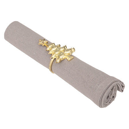 Rond de serviette doré motif sapin avec serviette lin gris taupe, accessoire décoration table fêtes élégant