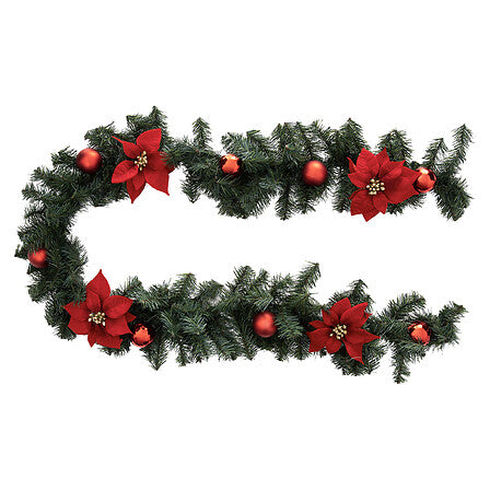 Guirlande de Noël artificielle 2m en sapin vert avec fleurs poinsettia rouges et boules décoratives festives