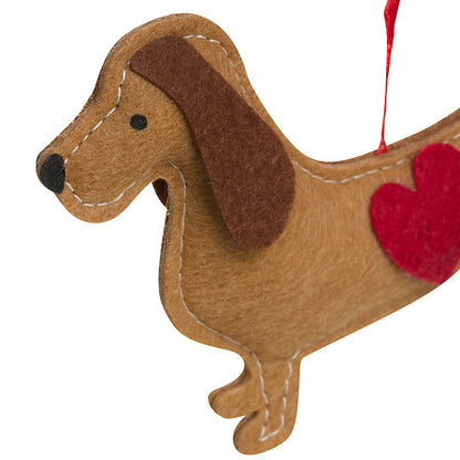 Sujet décoratif teckel en feutrine beige et marron avec cœur rouge, décoration de Noël artisanale 13 cm